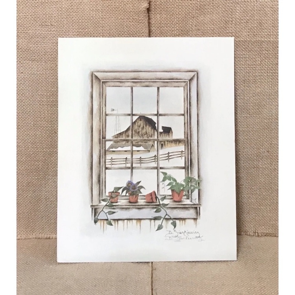 Farmyard Window View Art Print Signed B Sienkiewicz Barn Country Winter Rustic - Picture 2 of 5